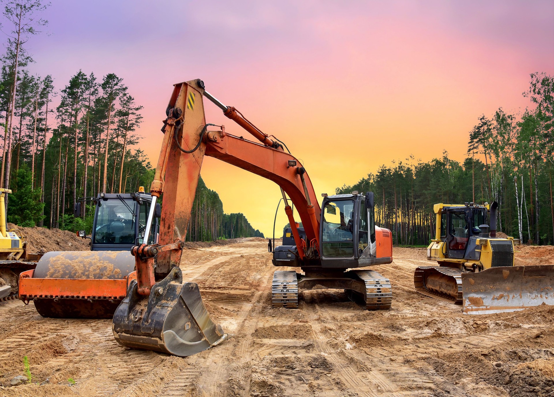 Bulldozer, Excavator and Soil compactor on road work. Earth-moving heavy equipment and Construction machinery during land clearing, grading, pool excavation, utility trenching and digging